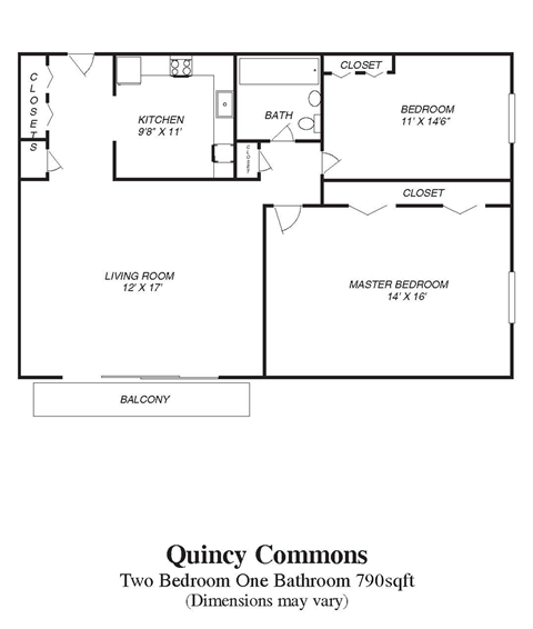 Floor plan for 2 beds, 1 bath, 790 sqft